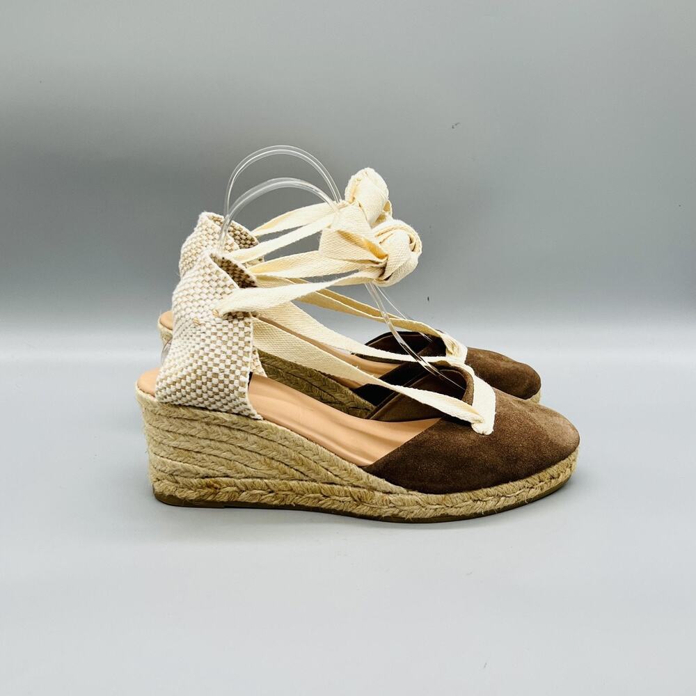Gaimo Sandals Womens 9 Brown Suede Espadrille Ankle Tie Wedge Closed Toe Shoes
